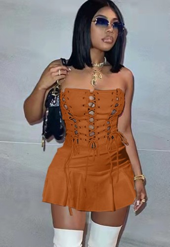 Orange Strapless Sleeveless Lace Up Slim Fit Mini Dress