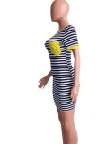 Striped Print Yellow O-Neck Short Sleeves Mini Dress with Pocket