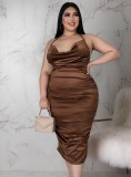 Plus Size Brown Silk Sleeveless Cami Halter Ruched Midi Dress