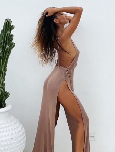 Brown Knitted V-Neck Sleeveless Belted Cami Long Dress