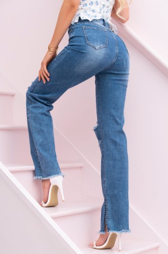 Blue Midi Waist Zip Fly Ripped Straight Jeans with Pocket