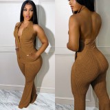 Beige Ribbed Plain Color Sleeveless Sexy Backless Jumpsuit