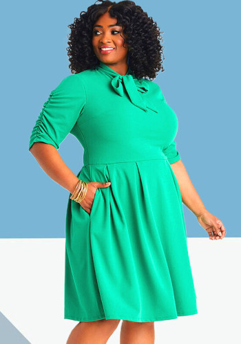 Plus Size Green Knotted Half Sleeves Midi Shirring Dress
