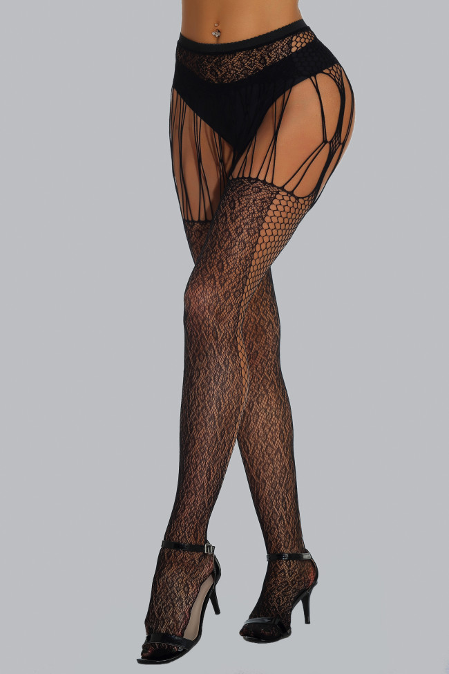 Black Lace Hollow Out Midi Waist Sheer Pantyhose