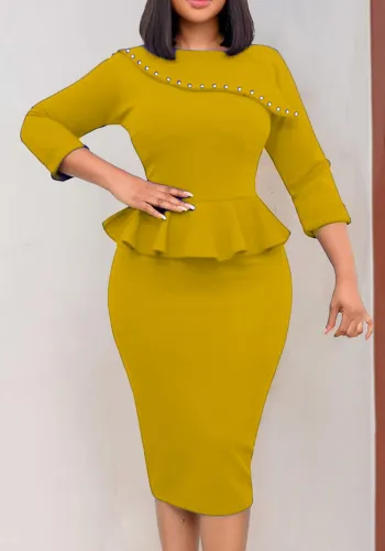 Yellow Pearl O-Neck 3/4 Sleeves Ruffle Bodycon Midi Dress