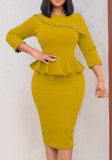 Yellow Pearl O-Neck 3/4 Sleeves Ruffle Bodycon Midi Dress