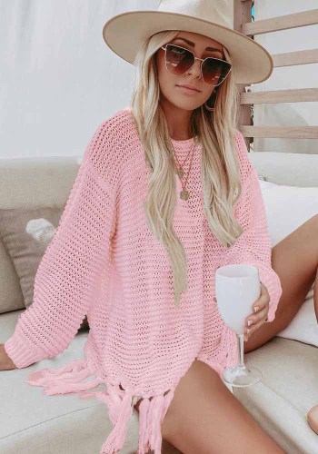 Pink Crochet Drop Shoulder Long Sleeves Fringed Cover-Up