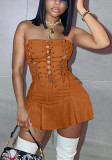 Orange Strapless Sleeveless Lace Up Slim Fit Mini Dress