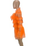 Orange Mesh Turtleneck Long Sleeves Ruffle Dress and Cami Mini Dress 2PCS Set