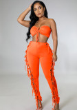 Orange Bandeau Crop Top and High Waist Lace Up Pants 2PCS Set