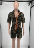 Camo Green Turndown Collar Half Sleeves Zip Up Denim Rompers with Pocket