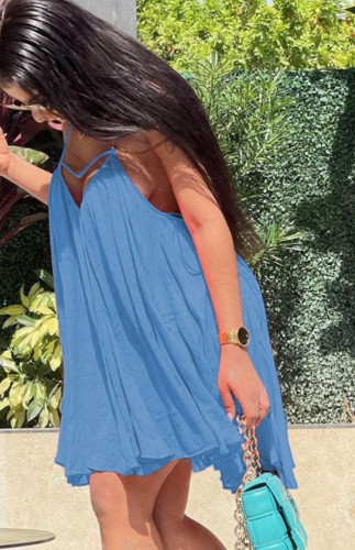 Plus Size Blue Halter Sleeveless Cami Mini Loose Dress