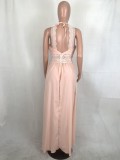 Pink Lace Patchwork Cami Halter Sleeveless Maxi Dress