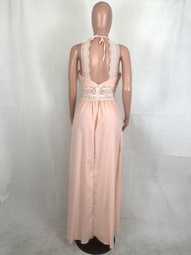 Pink Lace Patchwork Cami Halter Sleeveless Maxi Dress