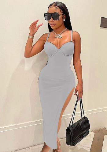 Grey Cami Sleeveless Side Slit Bodycon Maxi Dress