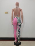 Floral Print Pink Halter Cami Backless Lace Up Crop Top and Pants 2PCS Set
