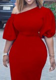 Plus Size Red Oblique Shoulder Half Sleeves Bodycon Midi Dress