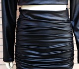 Black PU Leather Turtleneck Long Sleeves Crop Top and High Waist Ruched Skirt 2PCS Set