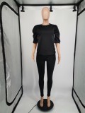Black O-Neck Half Sleeves Shirt and High Waist Pocket Pants 2PCS Set