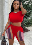 Red O-Neck Short Sleeves Crop Top and Color Block Shorts 2PCS Set