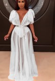 White Chiffon See Through Deep-V Short Sleeves Ruffle Maxi Dress