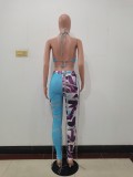 Floral Print Blue Halter Cami Backless Lace Up Crop Top and Pants 2PCS Set