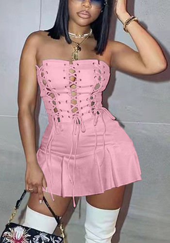 Pink Strapless Sleeveless Lace Up Slim Fit Mini Dress