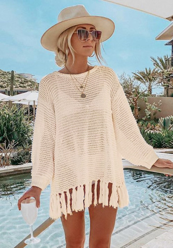 White Crochet Drop Shoulder Long Sleeves Fringed Cover-Up