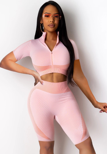 Pink Short Sleeves Zipper Open Fitted Top and Short 2PCS Set
