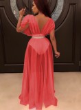 Pink Chiffon See Through Deep-V Short Sleeves Ruffle Maxi Dress