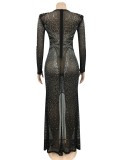Black Mesh Beaded Rhinestone O-Neck Long Sleeves Maxi Dress