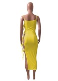 Yellow Mesh Patched Cami Sleeveless Lace Up Long Dress