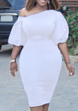 Plus Size White Oblique Shoulder Half Sleeves Bodycon Midi Dress