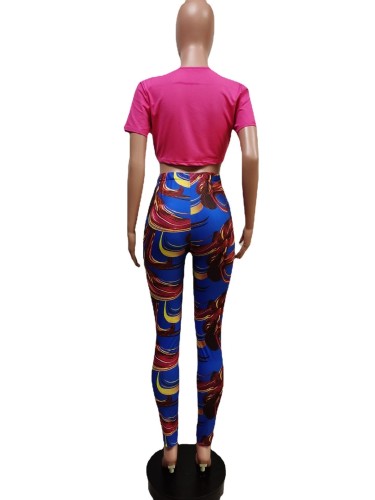 Rose V-Neck Short Sleeves Crop Top and Print Tight Pants 2PCS Set