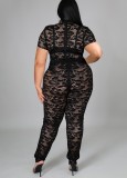 Plus Size Black Lace See Through Round Neck Short Sleeves Top and Pants 2PCS Set