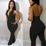 Beige Ribbed Plain Color Sleeveless Sexy Backless Jumpsuit