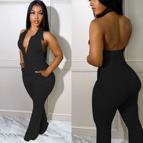 Black Ribbed Sleeveless Sexy Backless Jumpsuit