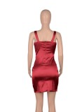 Red Silk V-Neck Sleeveless Cami Mini Slinky Dress