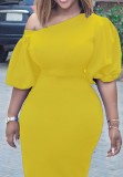 Plus Size Yellow Oblique Shoulder Half Sleeves Bodycon Midi Dress