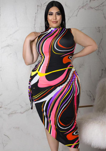 Plus Size Stripe Print Midi Neck Sleeveless High Slit Long Dress