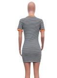 Striped Print Orange O-Neck Short Sleeves Mini Dress with Pocket