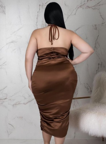 Plus Size Brown Silk Sleeveless Cami Halter Ruched Midi Dress