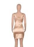 Gold Silk V-Neck Sleeveless Cami Mini Slinky Dress