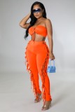Orange Bandeau Crop Top and High Waist Lace Up Pants 2PCS Set