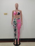 Floral Print Pink Halter Cami Backless Lace Up Crop Top and Pants 2PCS Set