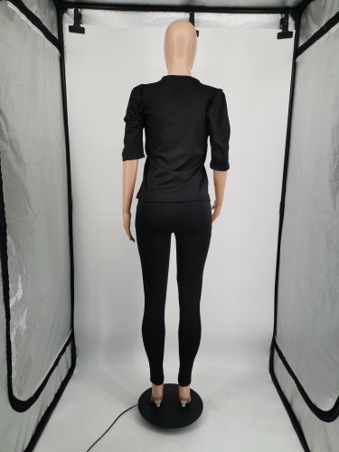 Black O-Neck Half Sleeves Shirt and High Waist Pocket Pants 2PCS Set