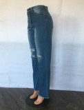 Blue Midi Waist Zip Fly Ripped Straight Jeans with Pocket