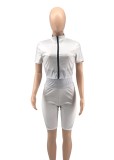 White Short Sleeves Zipper Open Fitted Top and Short 2PCS Set