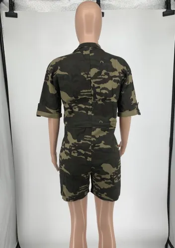 Camo Green Turndown Collar Half Sleeves Zip Up Denim Rompers with Pocket