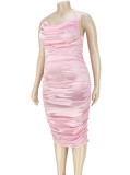 Plus Size Pink Silk Sleeveless Cami Halter Ruched Midi Dress